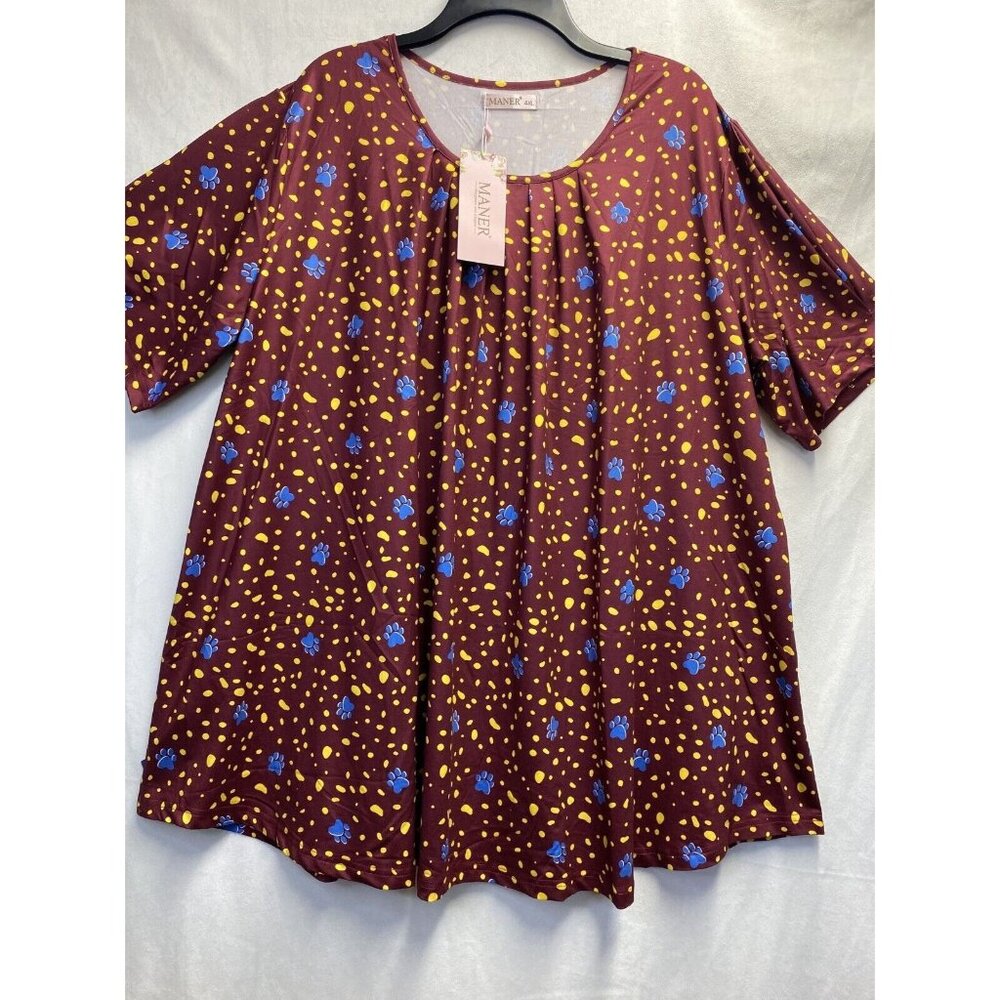 MANER Pleated Round Neck Short Sleeve Blouse Women Sz 4XL Burgundy Animal Print